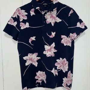 Express Men's Dark Blue Shirt with Pink Floral Design